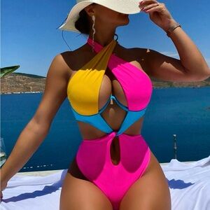 Vibrant Pink and Yellow Cutout Swimsuit